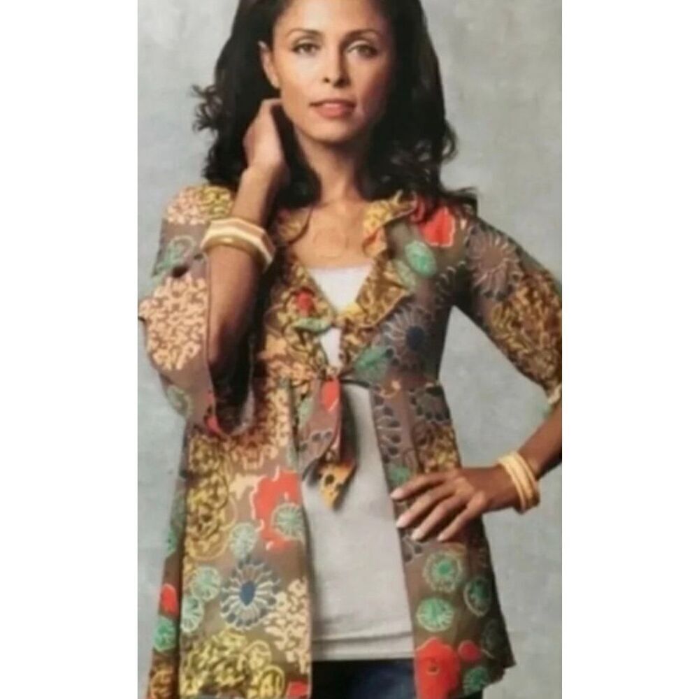 Womens CAbi 360 SM Shakespeare Tie Front Bell Sleeve Tunic Kimono Blouse - Sz L